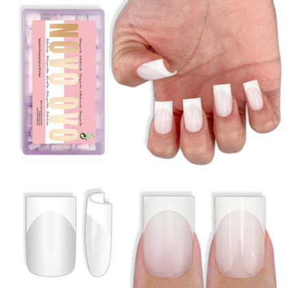 NOVO OVO front packaging showing 240-piece white French tip set and quick finish benefit