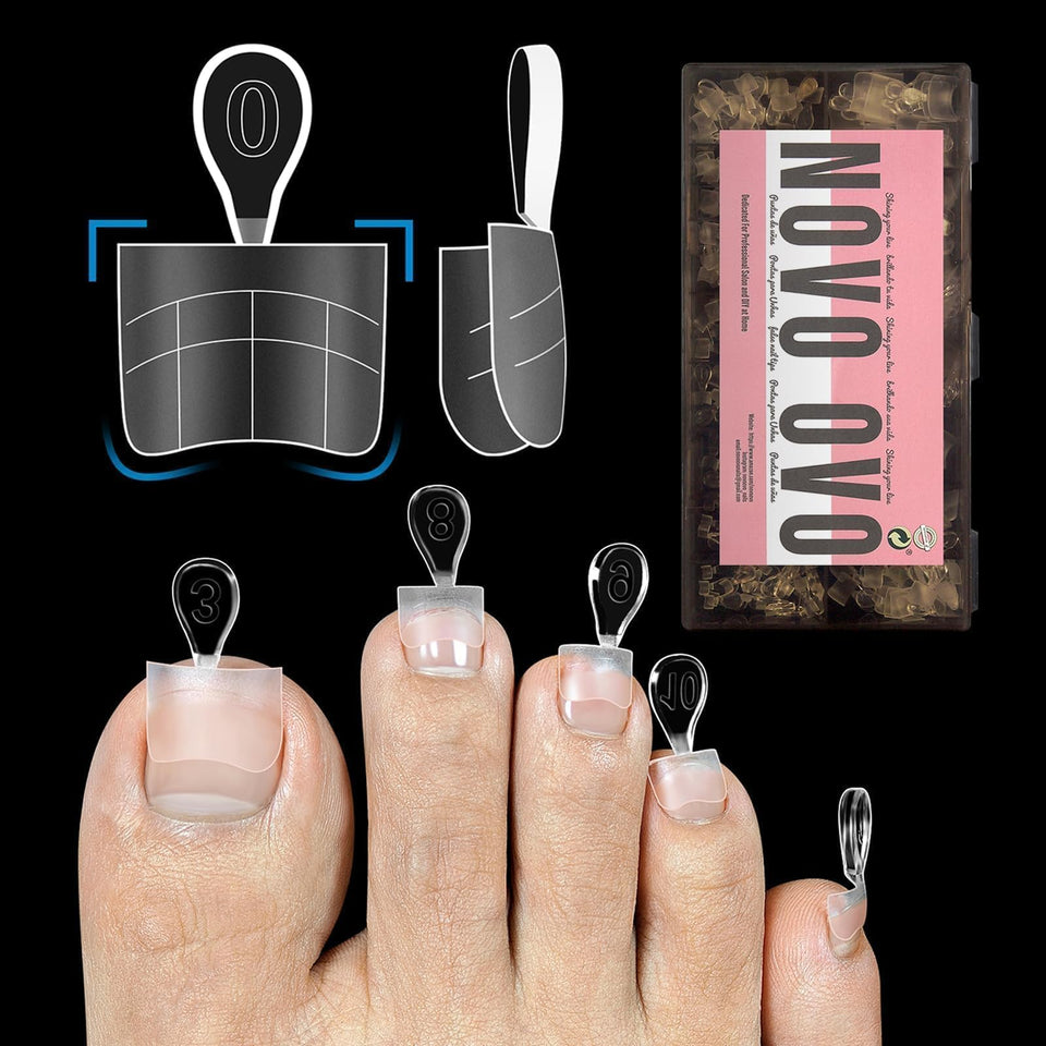 NOVO OVO front packaging showing 300 soft gel toe tips and sizes, organized for convenience
