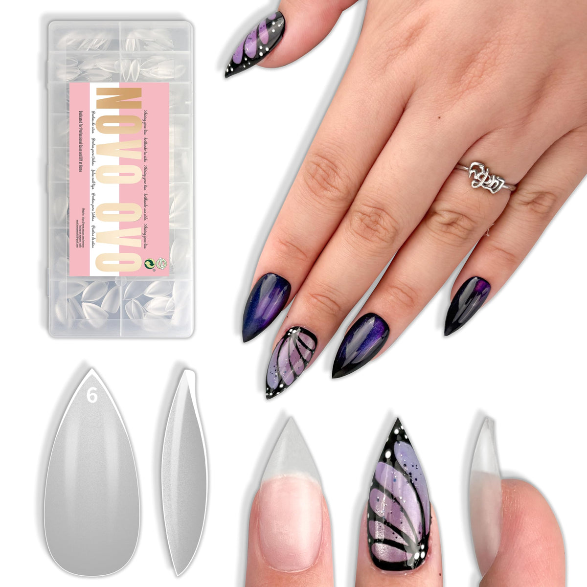 NOVO OVO front packaging showing 480-piece kit and clear stiletto tips with convenience