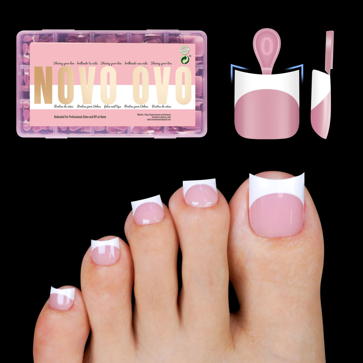 NOVO OVO front packaging showing 240-piece nail kit and features