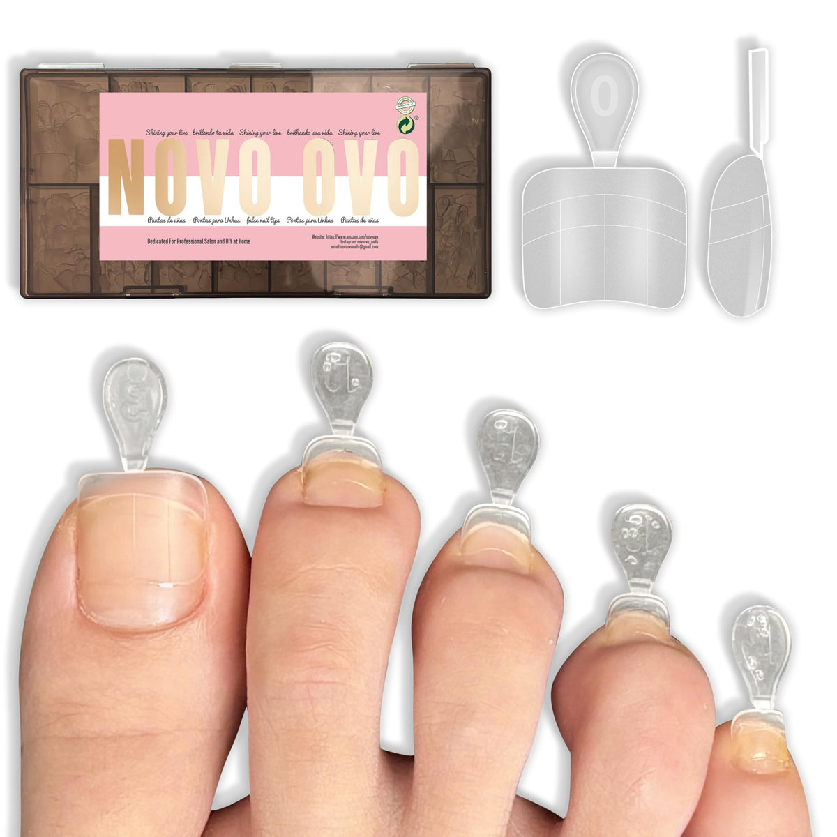 NOVO OVO front packaging showing 300-piece toe tip set and sizes for quick selection