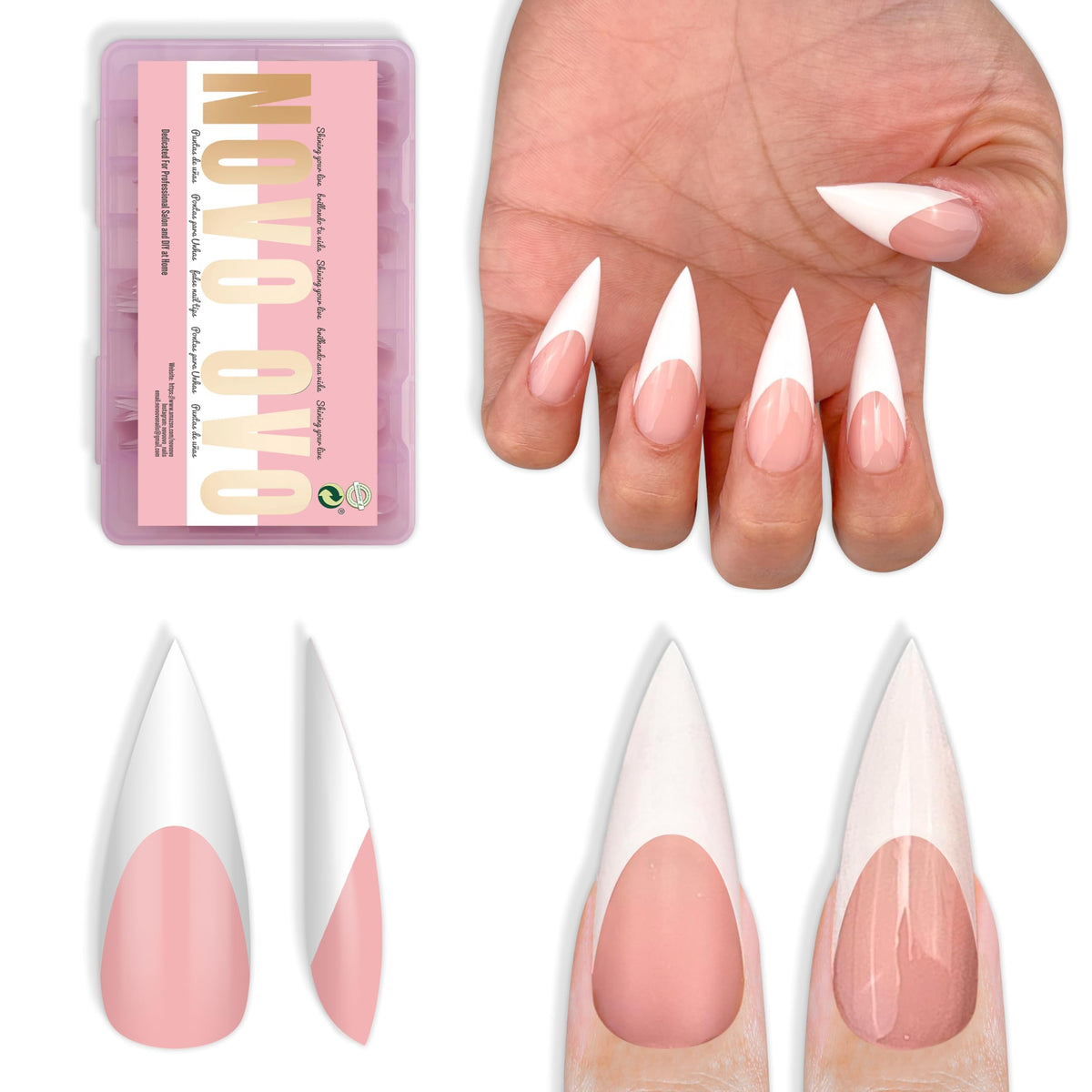 NOVO OVO front packaging showing 160-piece French stiletto kit and quick setup benefit