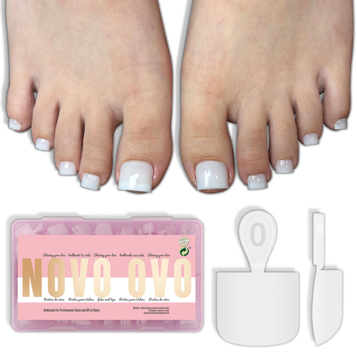 NOVO OVO front packaging showing 224-piece milky white toe tips and contents