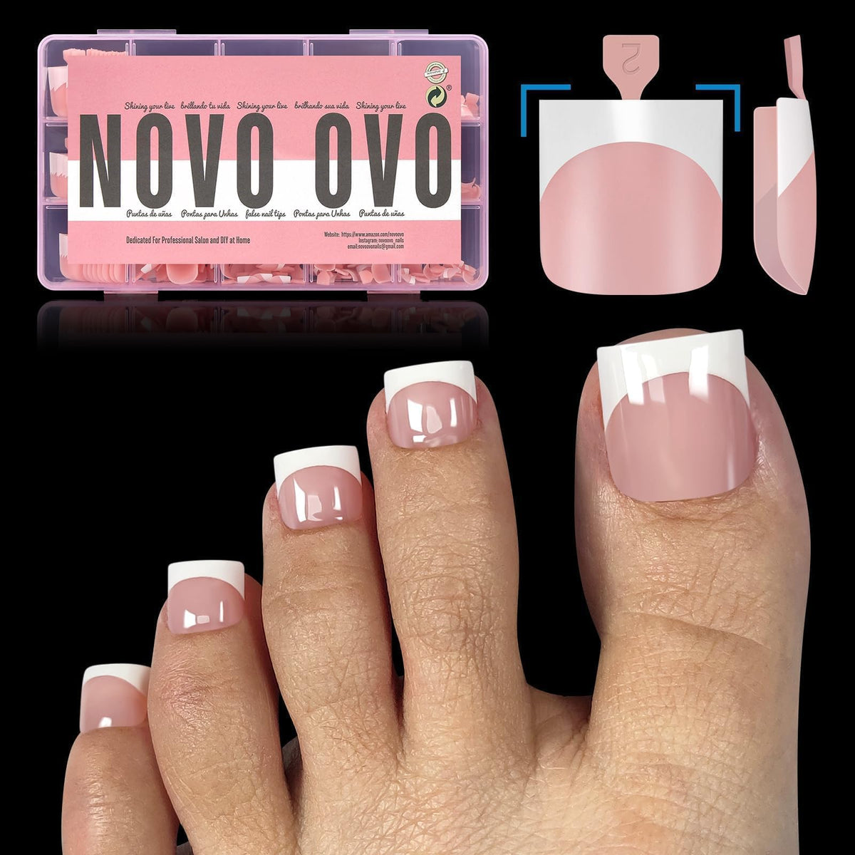 NOVO OVO front packaging showing baby pink French tip kit for fast pedicures