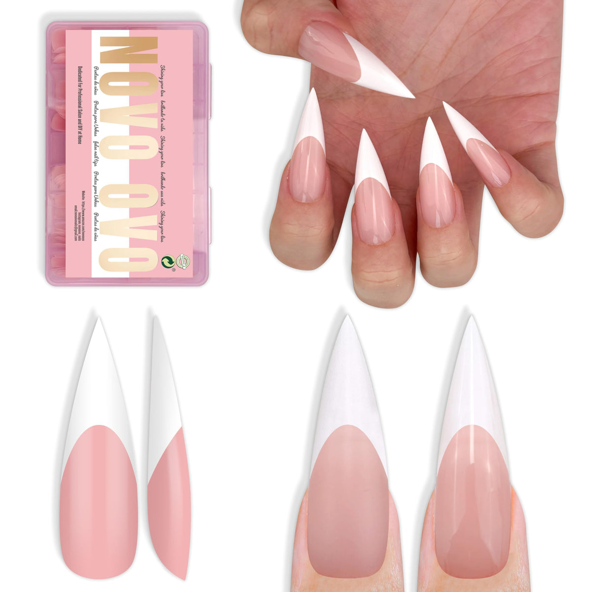 NOVO OVO front tray display showing 160 baby pink stiletto tips for quick salon results