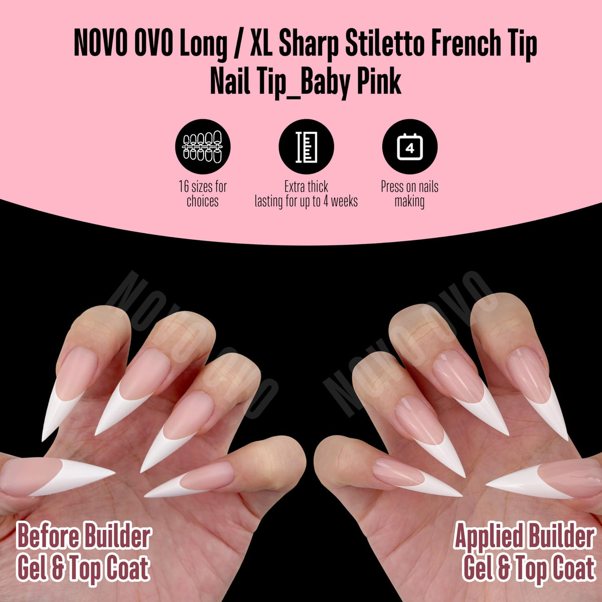 NOVO OVO application hand demonstrating press-on use for fast salon-style manicures