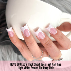NOVO OVO press-on application in progress demonstrating quick 15-minute manicure