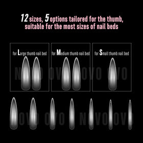 NOVO OVO nails being pressed on a fingertip for easy at-home application benefit