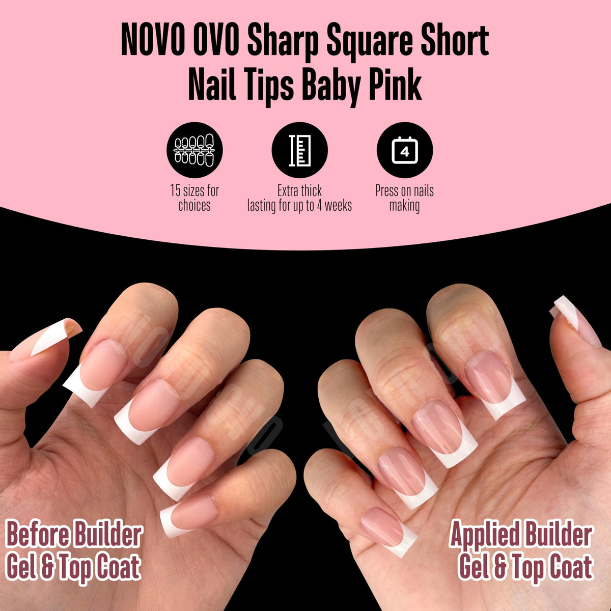 NOVO OVO worn nails on hands showing finished French manicure and polished look