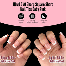 NOVO OVO worn nails on hands showing finished French manicure and polished look