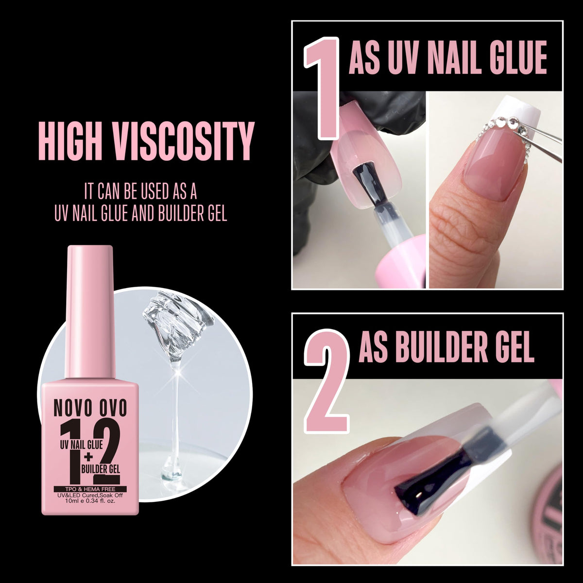 NOVO OVO pink bottle close-up showing thick bonding gel strength