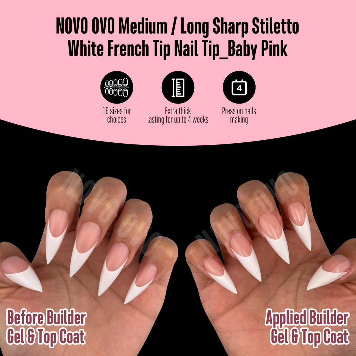 NOVO OVO finished manicure showing baby-pink French stiletto look and salon finish