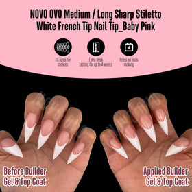 NOVO OVO finished manicure showing baby-pink French stiletto look and salon finish