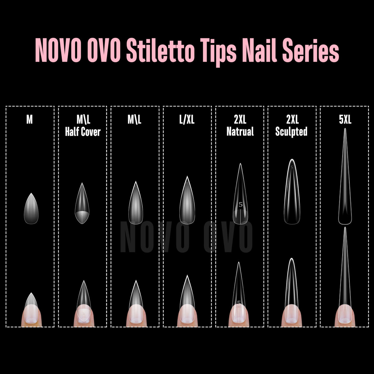 NOVO OVO size comparison spread displaying 16 sizes and extras for perfect fit