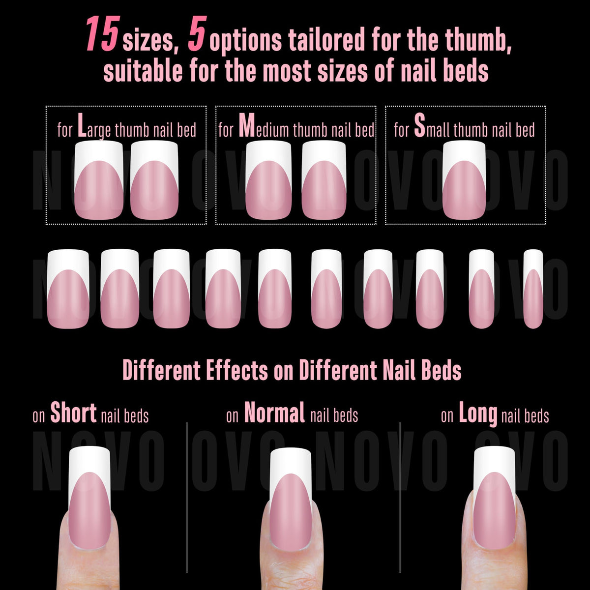 NOVO OVO laid out 15 sizes to show fit variety and selection for all nail beds