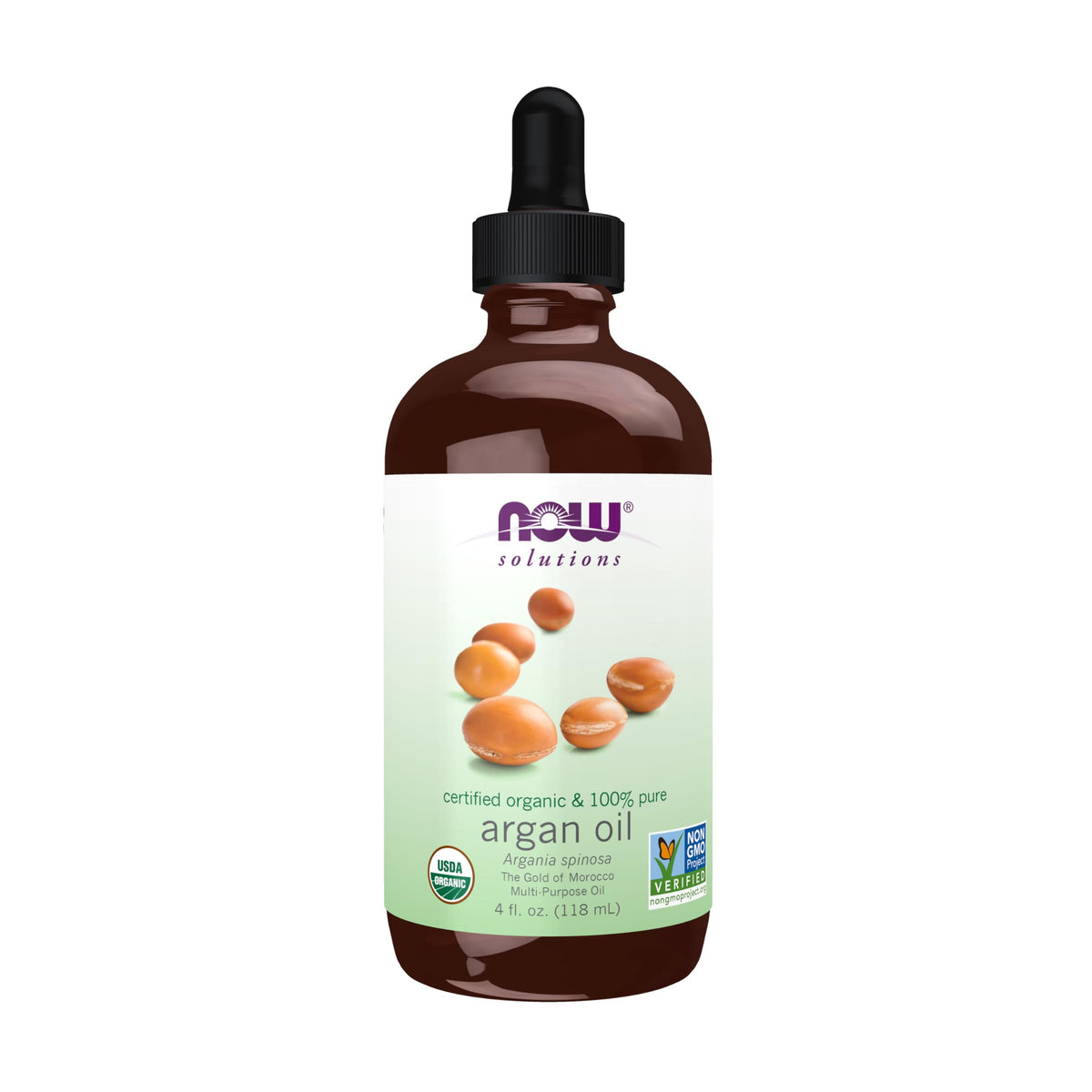NOW Foods bottle front packaging showing organic label and 4-ounce size benefit