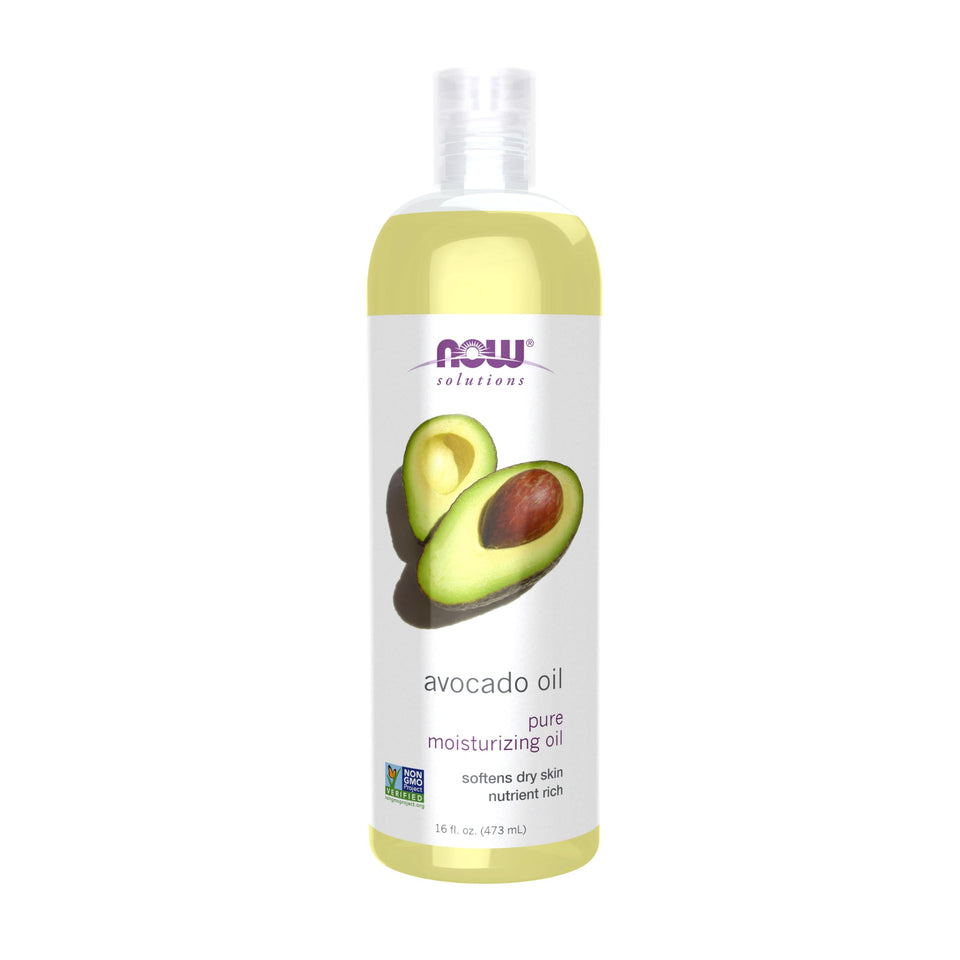 NOW avocado oil front packaging shows bottle and brand for clear product identification and trust