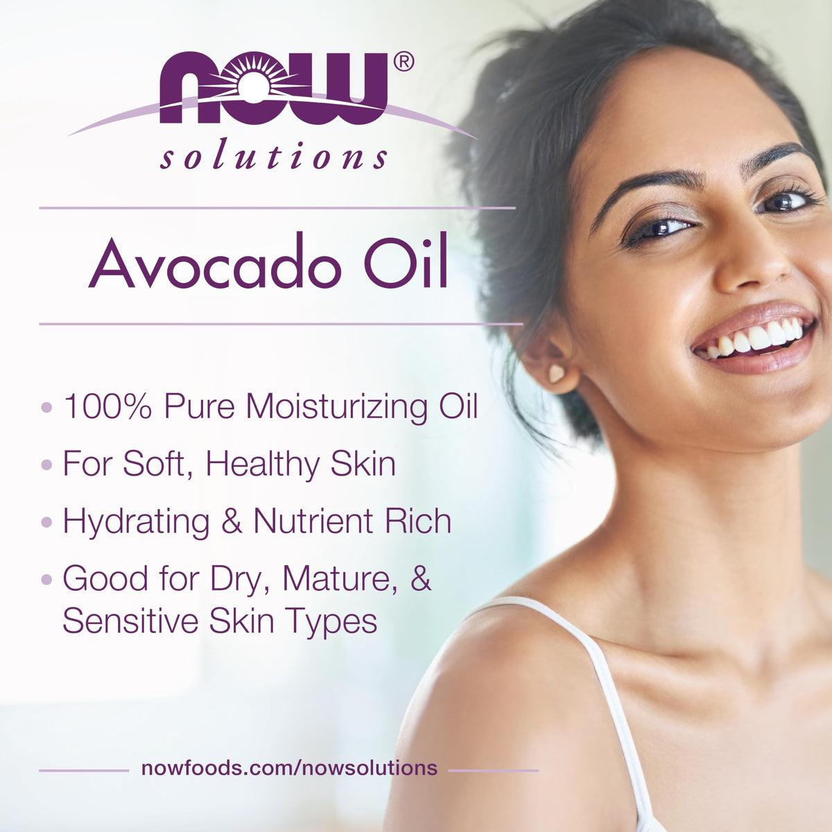 NOW avocado oil in hand massage use illustrating smooth glide and soothing hydration benefit