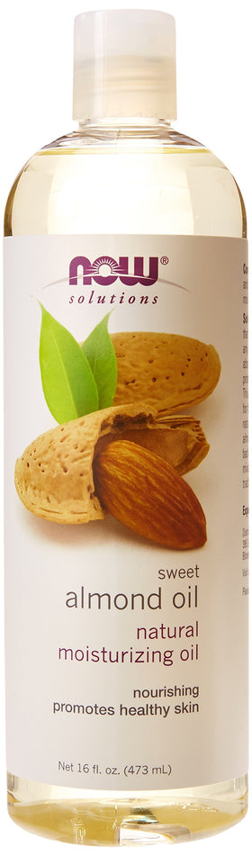 NOW Foods almond oil front packaging showing bottle and label, convenient bulk value
