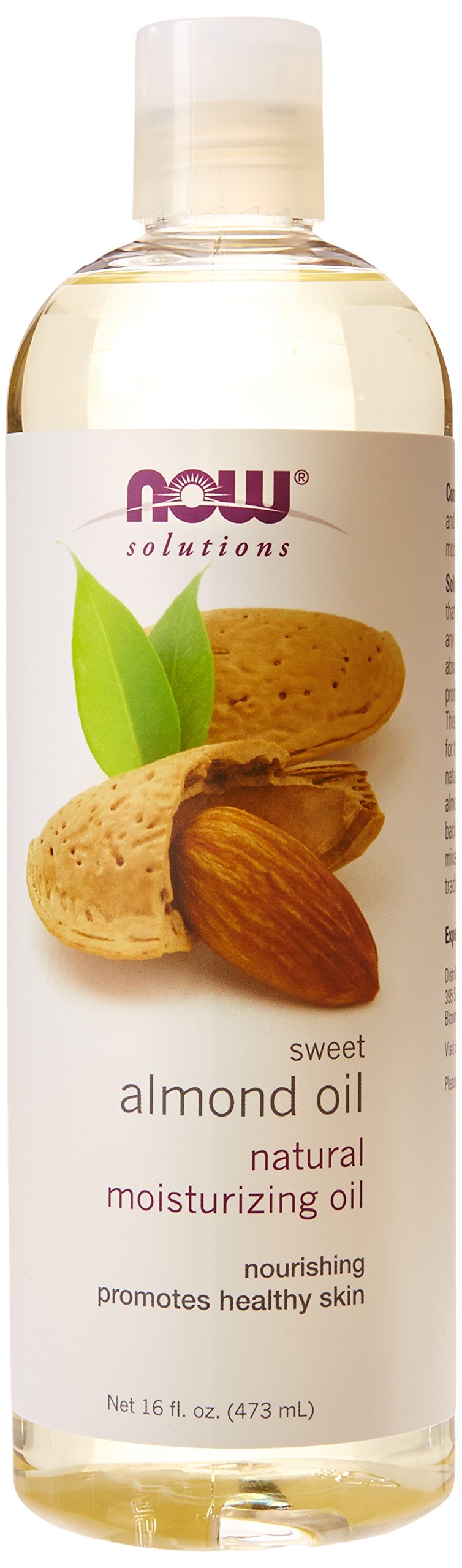 NOW Foods almond oil front packaging showing bottle and label, convenient bulk value
