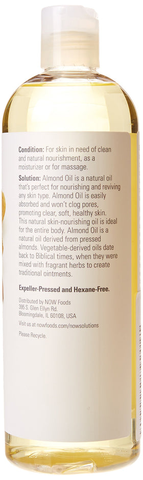 NOW Foods almond oil pouring to show smooth texture and easy absorption benefit