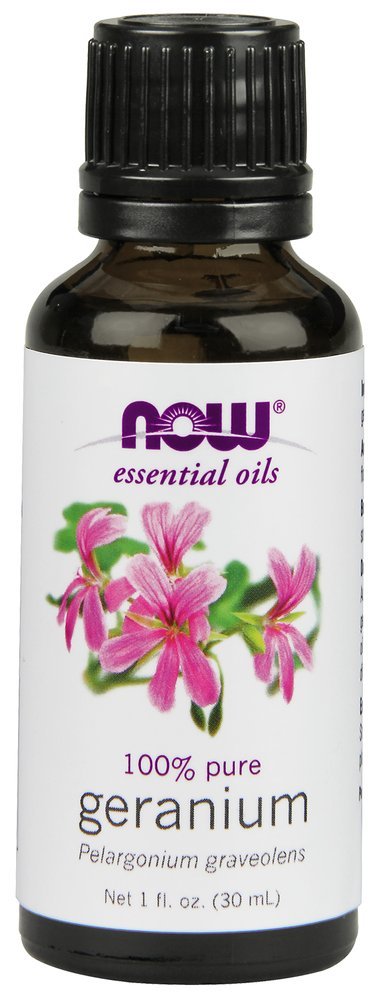 NOW Foods geranium oil front bottle showing label and floral benefit