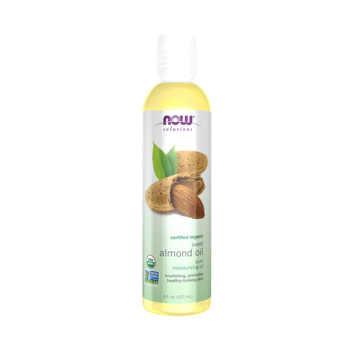 NOW Foods front packaging showing organic sweet almond oil, clear benefits