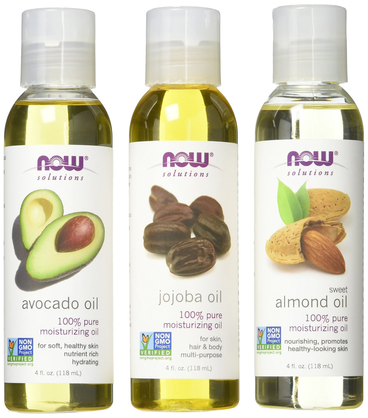 NOW Foods front view of three 4 oz oil bottles showing the variety pack benefit