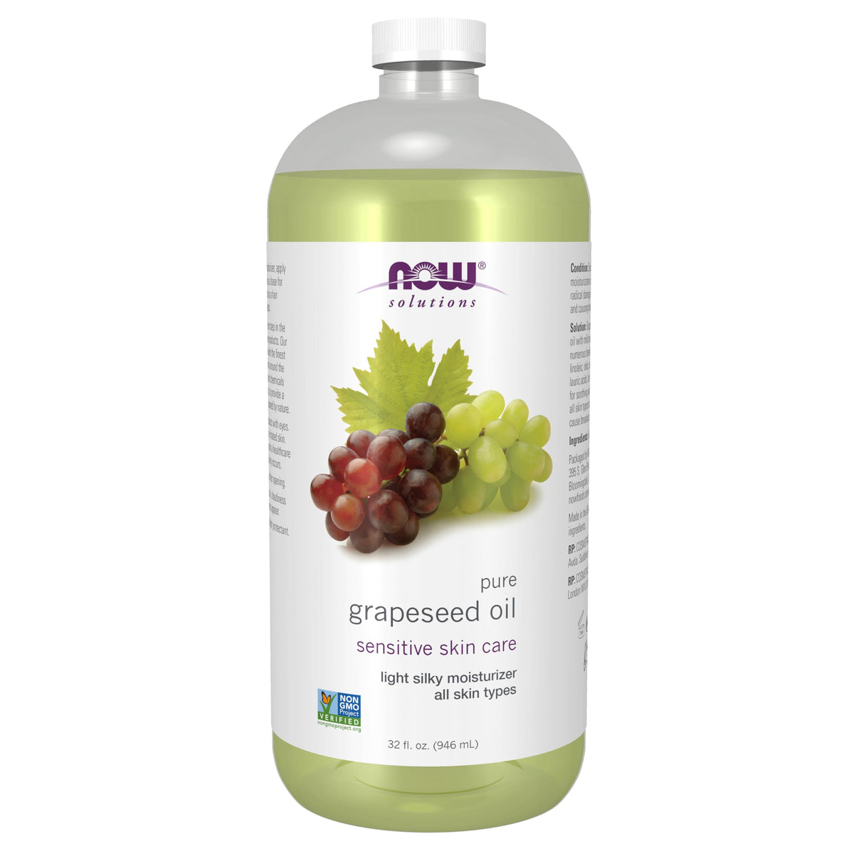NOW Grapeseed Oil front packaging showing clear bottle and label benefits