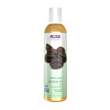 NOW Foods jojoba front label showing organic certification and benefits
