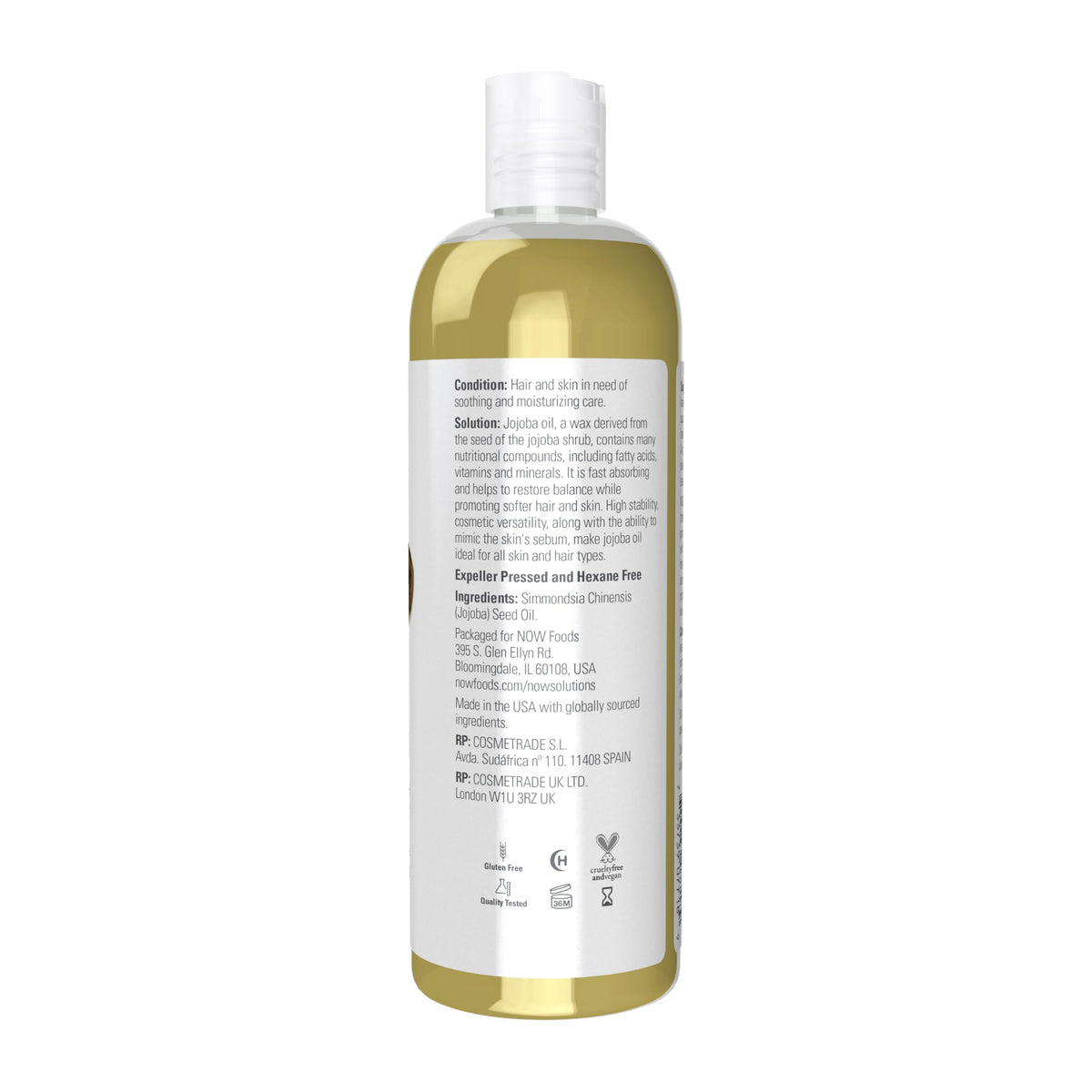 NOW Foods jojoba oil clear bottle and label emphasizing recycled packaging benefit