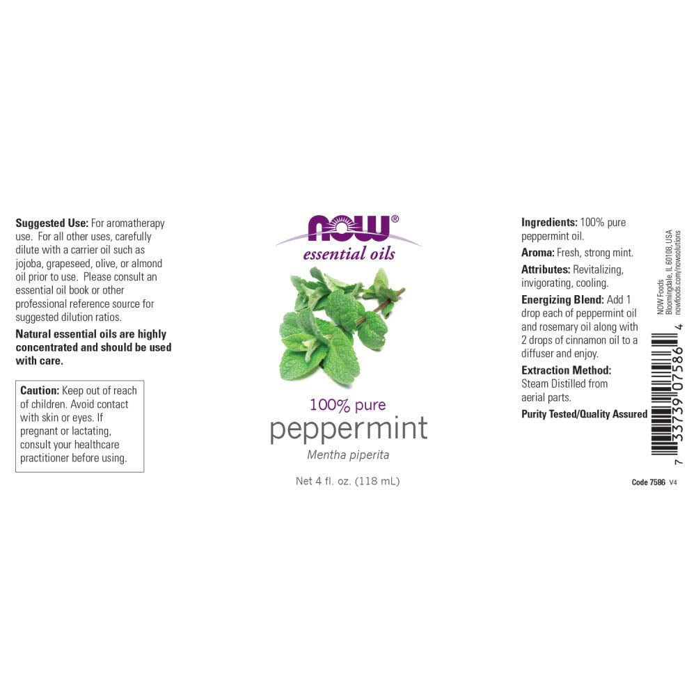 NOW Foods peppermint oil label and cap close-up showing GC/IR verification benefit