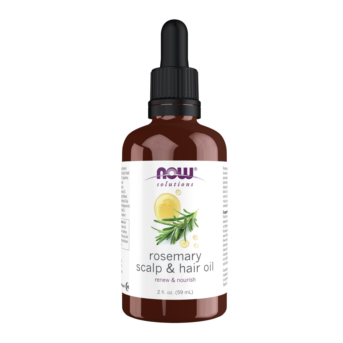 NOW Solutions rosemary scalp and hair oil front bottle showing label and size, nourishing care