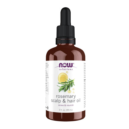 NOW Solutions rosemary scalp and hair oil front bottle showing label and size, nourishing care
