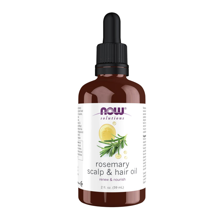NOW Solutions rosemary scalp and hair oil front bottle showing label and size, nourishing care