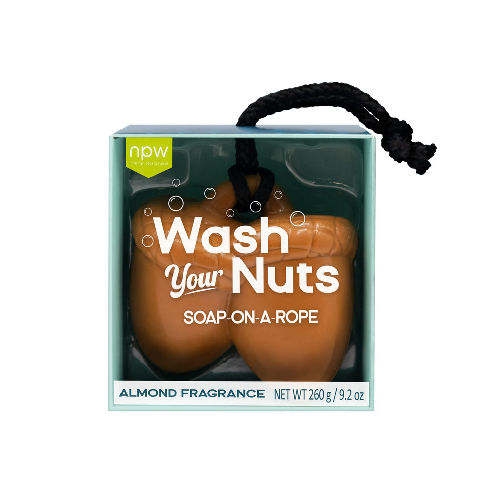NPW acorn-shaped soap front packaging showing product and rope for easy hanging