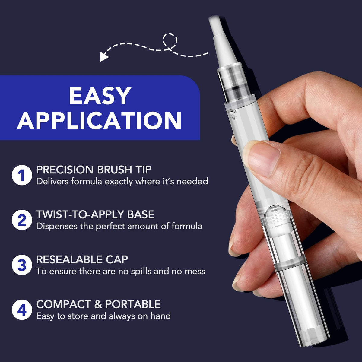 NQINQI brush-tip applicator close-up, precise mess-free application benefit