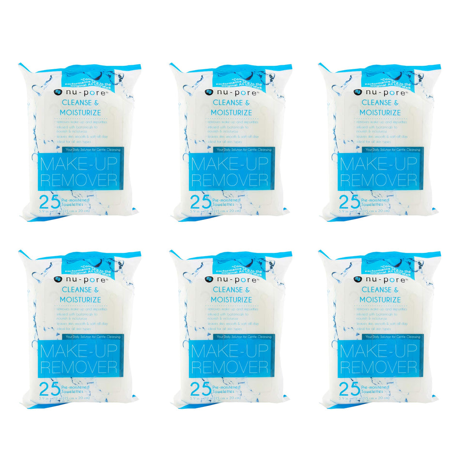 nu-pore front packaging showing six sealed packs, quick cleansing on the go