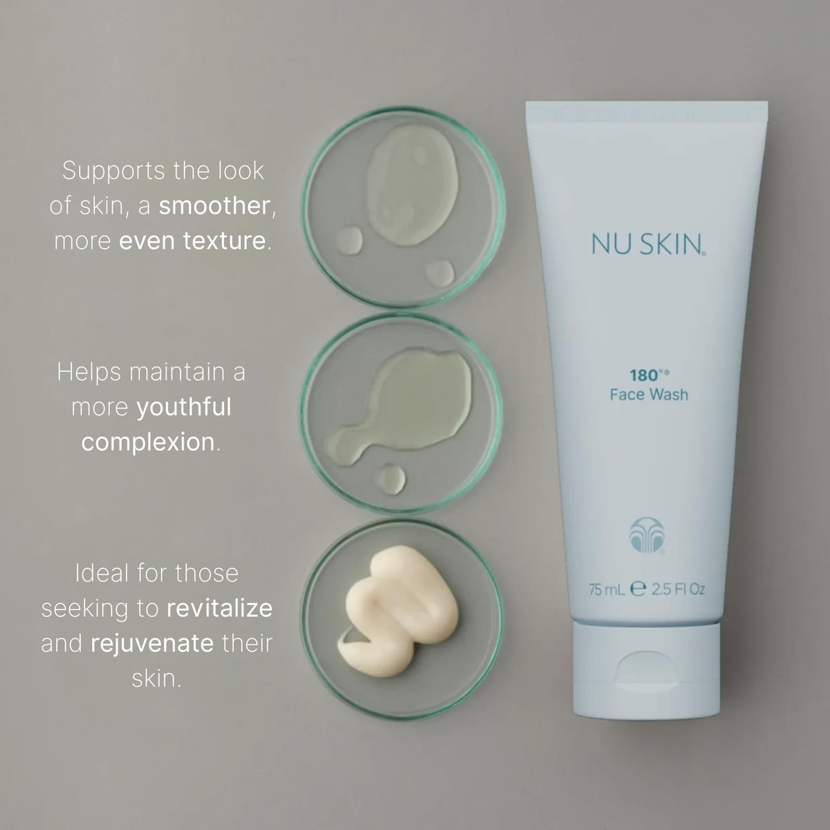 Nu Skin pump dispensing product on hand to show recommended amount and easy use