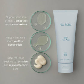 Nu Skin pump dispensing product on hand to show recommended amount and easy use