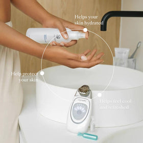 Nu Skin bottle next to a phone for scale showing travel-friendly size