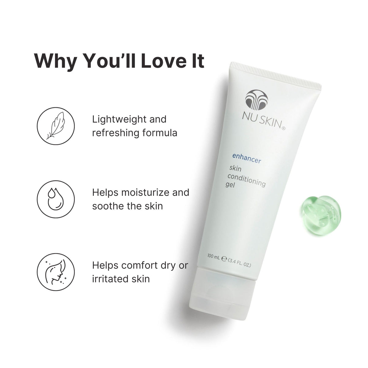 Nu Skin tube open with gel dispensed, easy control and clean application