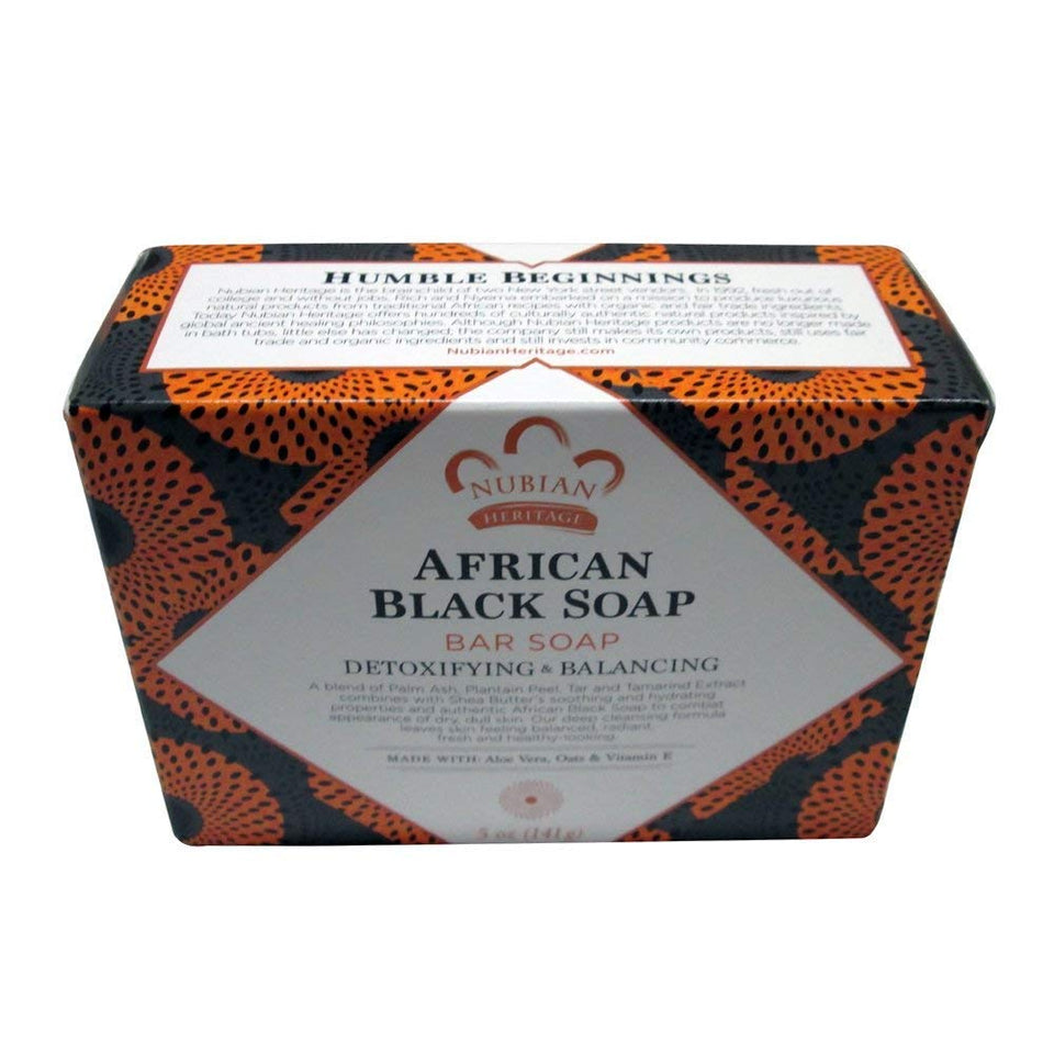 Nubian Heritage African Black Soap bar front view, clarifies skin without over-drying