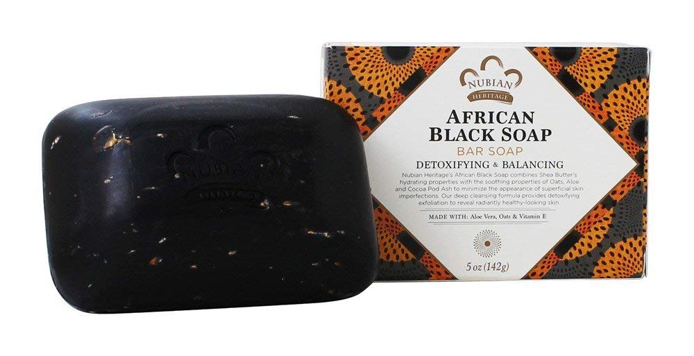 Nubian Heritage front packaging showing five black soap bars and brand benefits