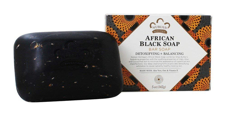 Nubian Heritage front packaging showing five black soap bars and brand benefits