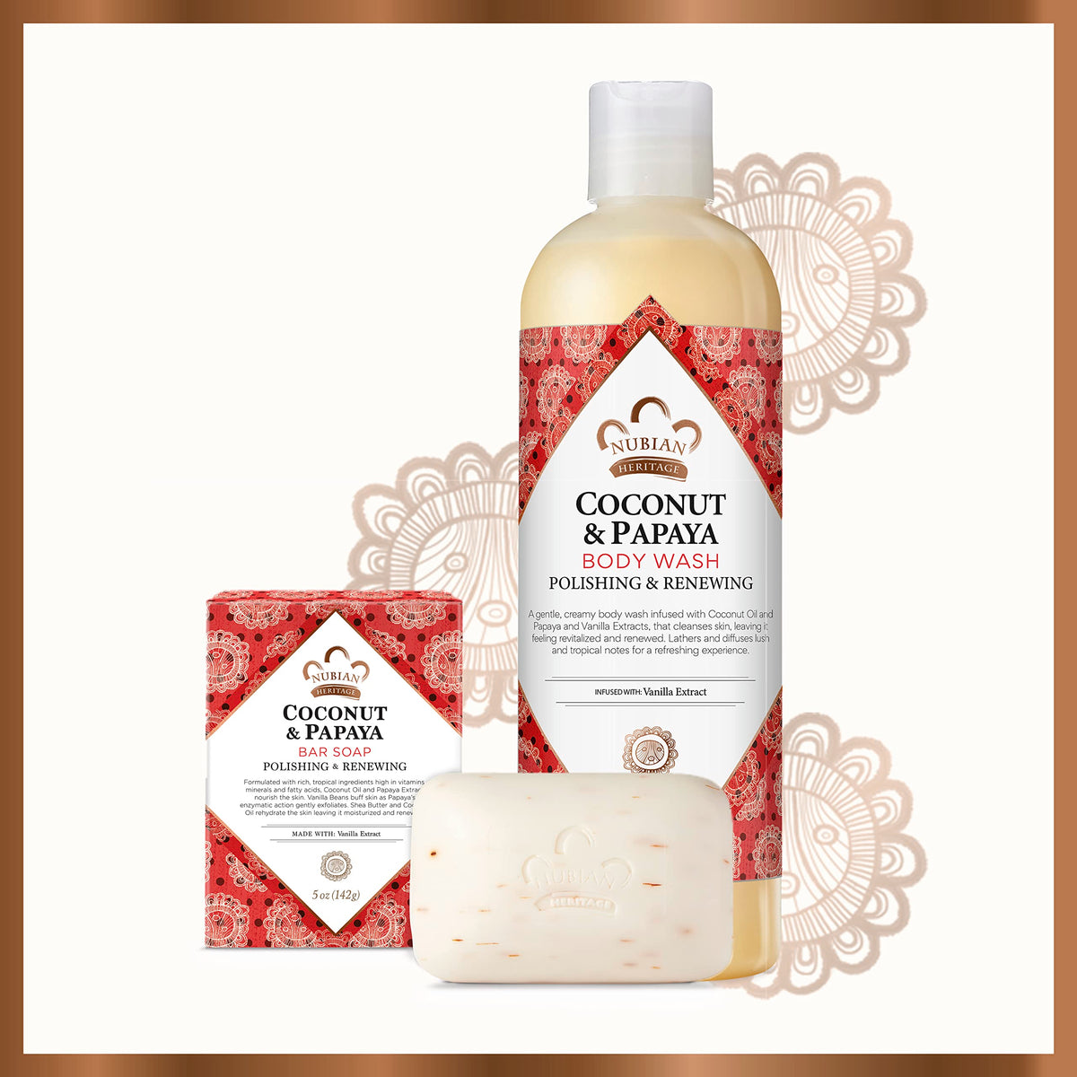 Nubian Heritage body wash in bathroom setting promoting daily routine
