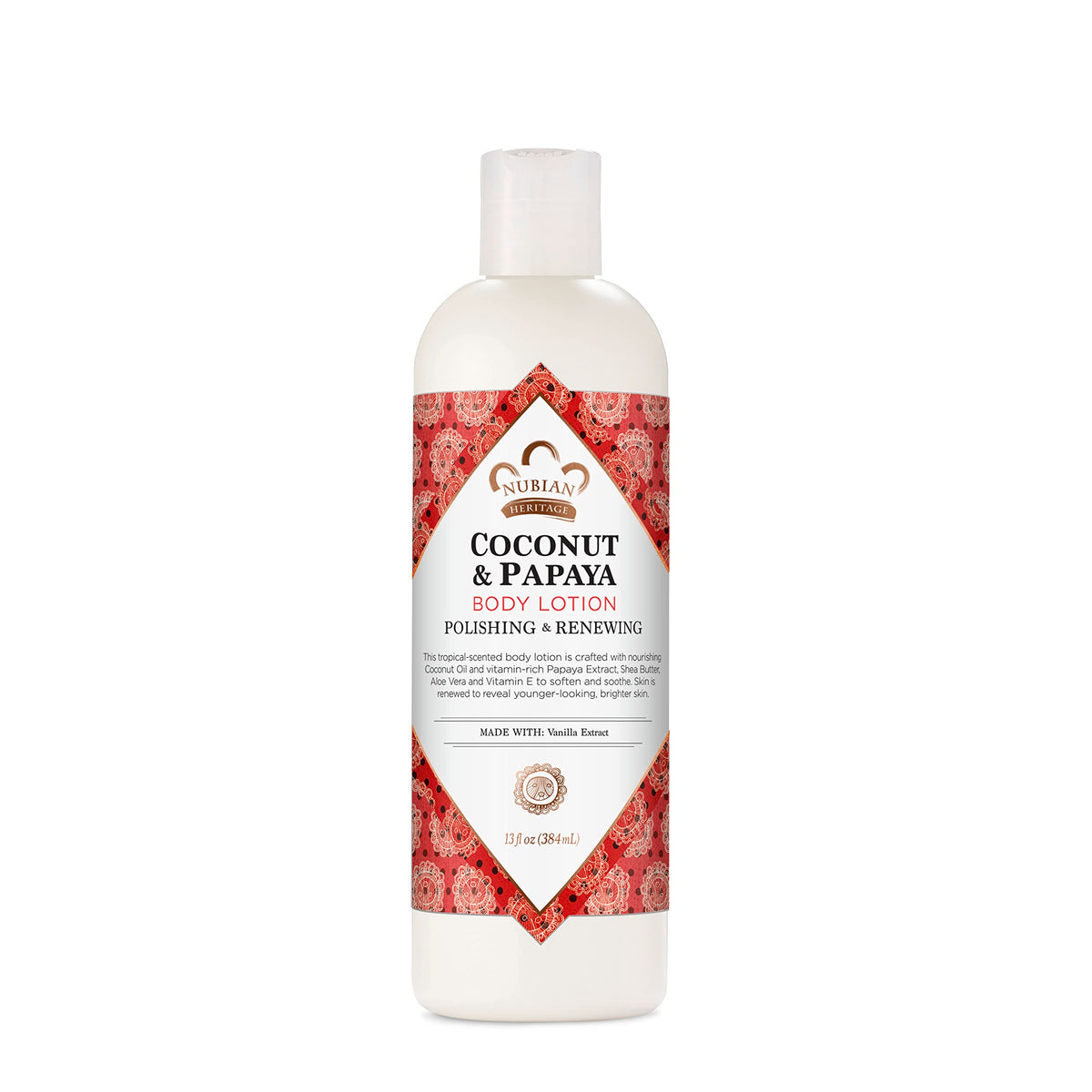 Nubian Heritage front packaging showing 13 oz bottle and label benefit