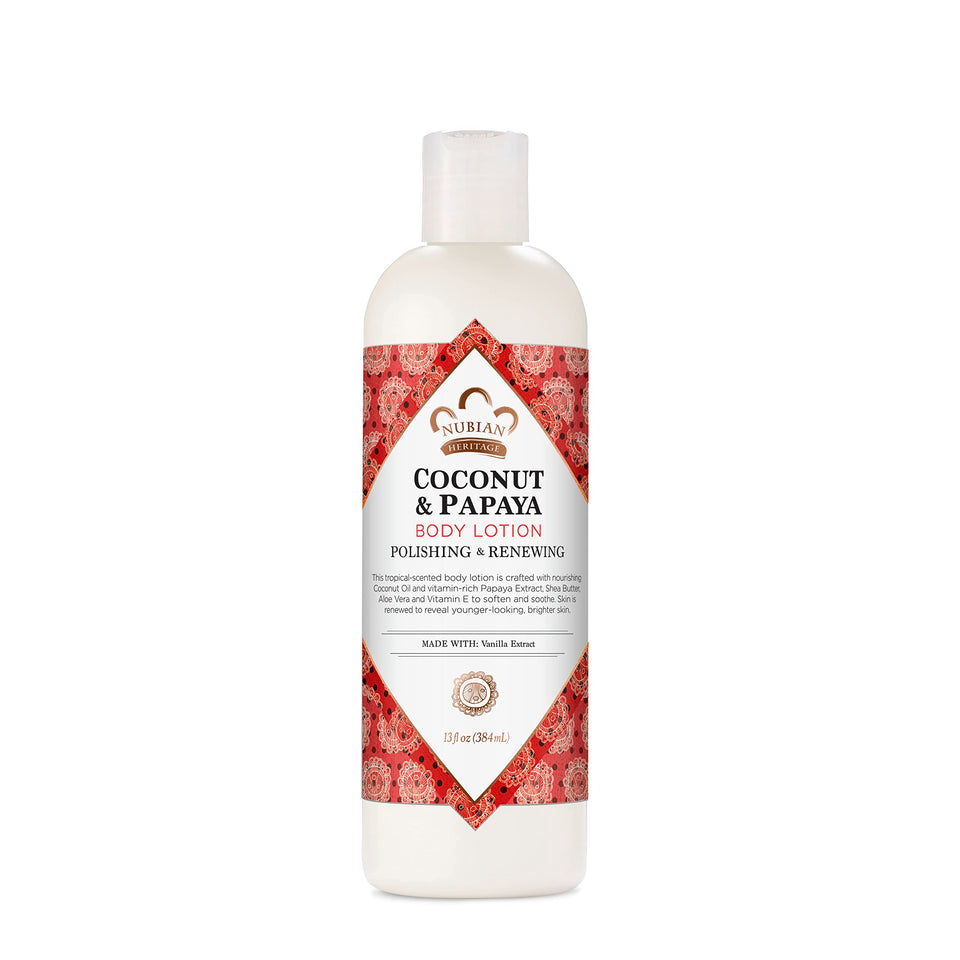 Nubian Heritage front packaging showing 13 oz bottle and label benefit