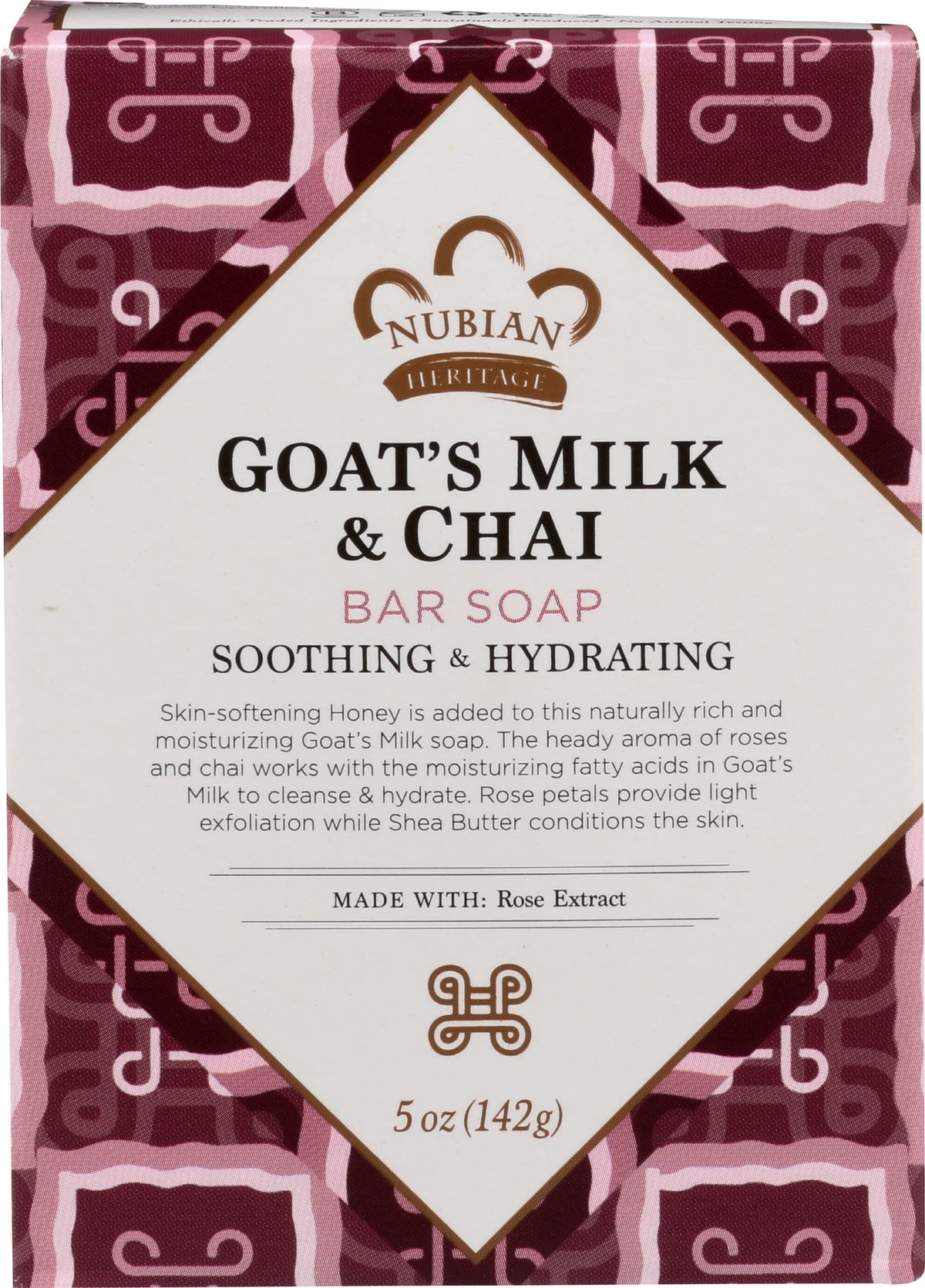 Nubian Heritage goat's milk & chai bar front packaging showing 3-pack and hydrating benefit