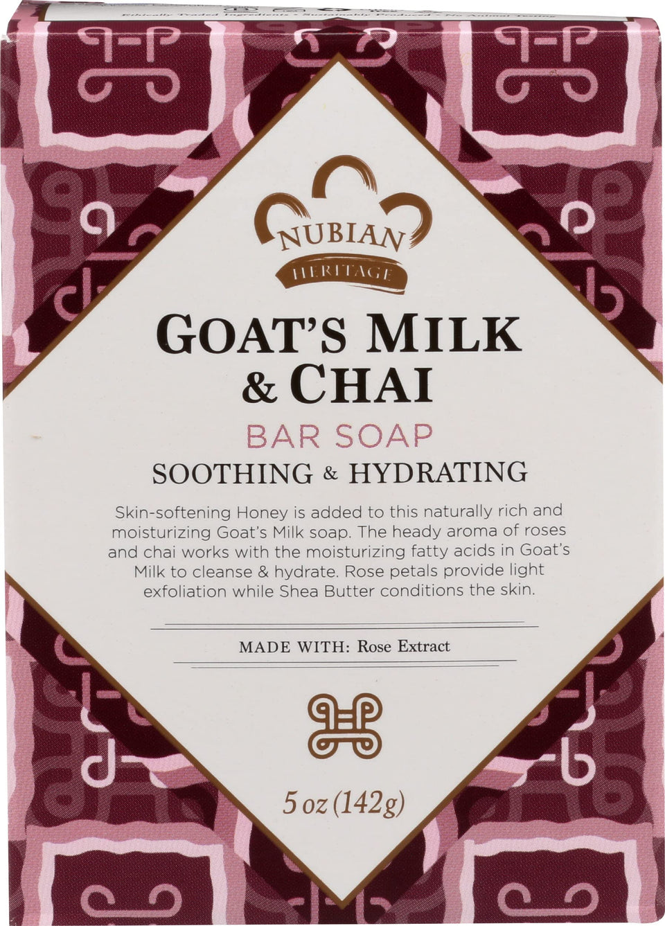 Nubian Heritage goat's milk & chai bar front packaging showing 3-pack and hydrating benefit